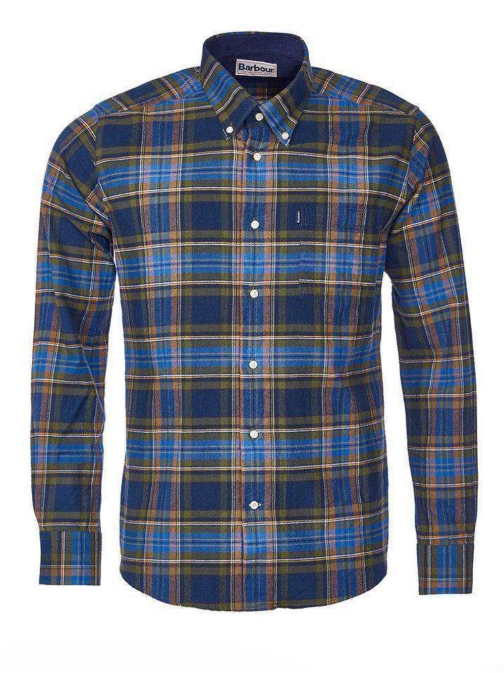 Barbour Castlebay Tailored Fit Button Down Flannel Blue Olive Tartan Plaid, Sz L
